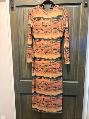 Desert Scene Long Sleeve Maxi Dress in Peach-Tan